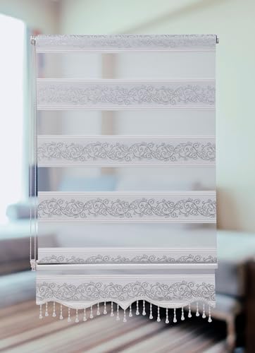 PlisseeOnline Doppelrollo Klemmfix ohne Bohren Weiß Silber mit Muster und Perlen Duo Rollo für Fenster und Türen Plissee Rollo Gardine 80 x 150 cm Blickdicht Klemmrollo mit Perlen Seitenzugrollo