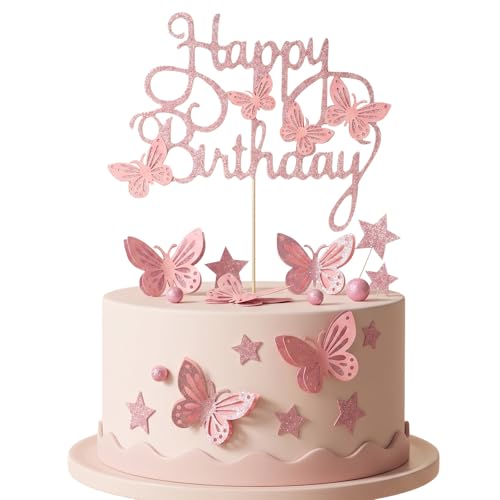 Nogeqi 13 Stück Schmetterling Tortendeko 3D Schmetterling Kuchen Deko Geburtstag Süße Rosa Happy Birthday Cake Topper Geburtstag Schmetterlings Cupcake Topper Für Mädchen Damen Geburtstagsparty