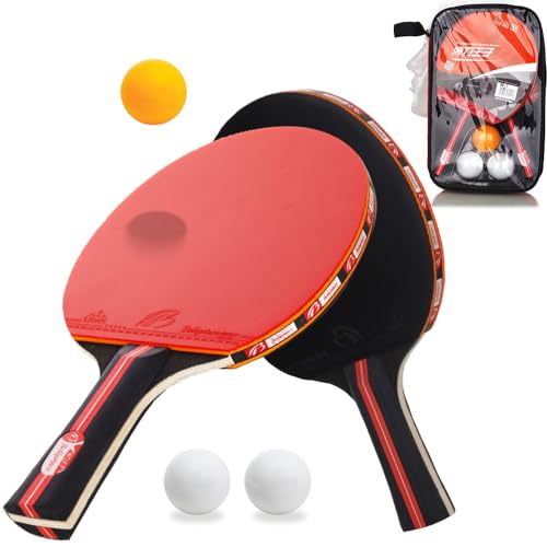 Profi Tischtennisschläger, Amaza Tischtennis Set, 2 Tischtennis schläger + 3 Tischtennis Bälle für Amateure, Anfänger, Experten (7 Schichten Pappelholz + Hochelastischer Schwamm von 2 mm)