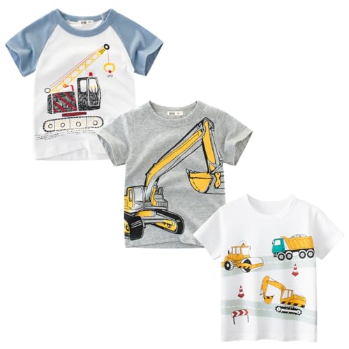 Tshirt Kinder Jungen Kurzarm Cartoon Bagger T-Shirt 3er-Pack Kleinkind Jungs Baumwolle Atmungsaktiv Sommer Oberteile 5 Jahre Grau+Weiß+Blau 5T/120