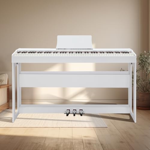 Bonnlo Digitalpiano mit 88 gewichteten Tasten, E-Piano Keyboard mit 3-Pedal-Einheit für Anfänger, Klavier mit MIDI-USB, Doppel-Bluetooth, Stereolautsprechern, 128 Töne und Rhythmen, Weiß