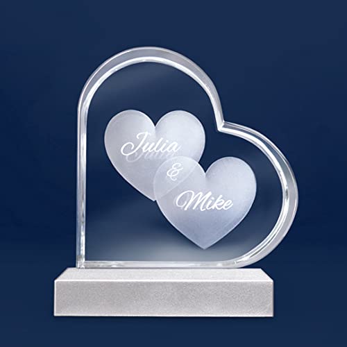 LOOXIS Personalisierte 3D Herz-Gravur mit Namen & Text in Herz-Glas gelasert– Hologramm, versch. Größen + Motive – Geschenkidee Männer, Frauen, Jahrestag, Valentinstag – M inkl. LED Leuchtsockel