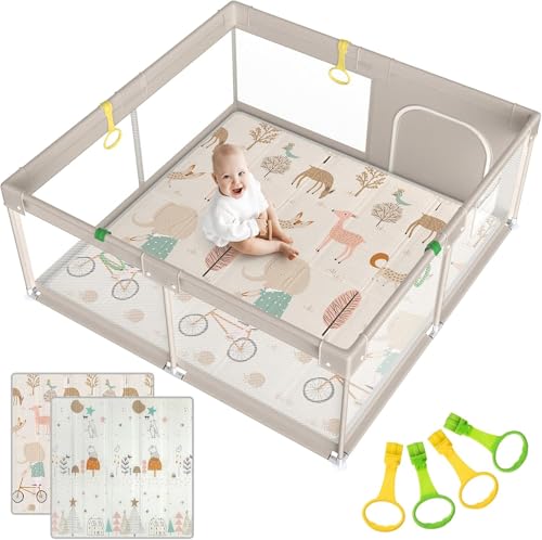 Julrrimg Laufstall Baby mit Matratze, 150x150 Laufgitter Baby mit Matte, Laufstall für Apartment, Laufgitter mit Atmungsaktivem Netz an Vier Seiten und Saugnäpfen