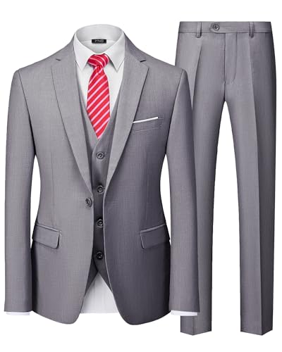 YND Herren Slim Fit 3-teiliger Anzug, EIN-Knopf, solide Jacke, Weste, Hose Set mit Krawatte, Hellgrau, L