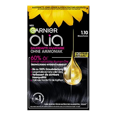 Garnier Olia Dauerhafte Haarfarbe ohne Ammoniak, Mit pflegenden und natürlichen Ölen, Vollständige Grauhaarabdeckung, Permanente Coloration, Nr. 1.10 Blau, 1 Stück