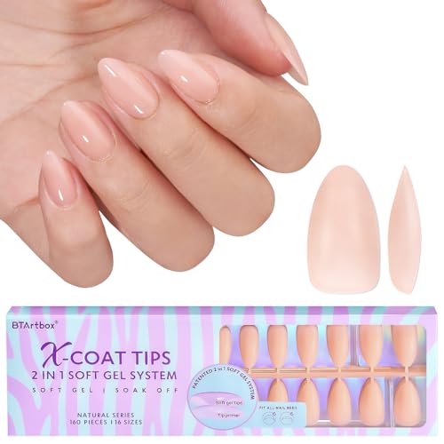 BTArtbox Short Almond Soft Gel Nail Tips Full Cover Nageltips Kurz Nagel Tips für Gelnägel, 150 Stück PRE-DESIGNED XCOATTIPS Nude Press on Nails Kurz Künstliche Fingernägel für Nail Extensions