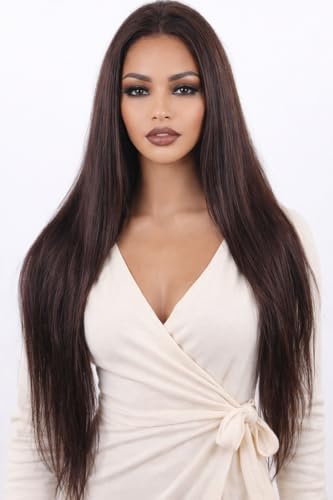 ManeMajesty Echthaar Perücke mit Spitzenfront, 33x10 cm, Vorgezupftes Babyhair, Unsichtbare HD Spitze, 100% Brasilianisches Remy Echthaar, Glatt, Für Damen, 75 CM Glatt-Natur-Dunkelbraun
