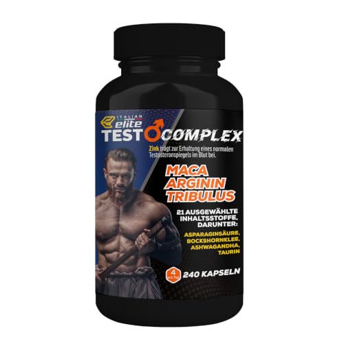 Italian Elite - Testo Complex 240 Kapseln mit Maca 8000 mg. Nahrungsergänzungsmittel mit Tribulus, Bockshornklee, Zink, Arginin, Ashwagandha, Vitaminen und Mineralstoffen