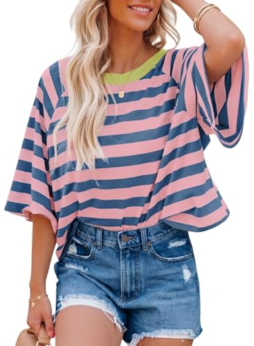 Chicrise Tshirt Damen Oversize Kurzarm Gestreiftes Modern Oberteile Rundhals Lässige Leicht Outfit Rose Blau Mittel 38-40