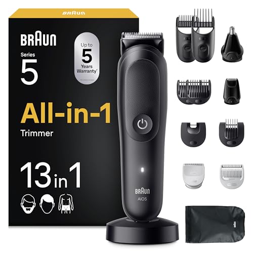 Braun All-in-One Series 5, 13-in-1 Multigroom, Barttrimmer, Nasenhaartrimmer, Haarschneidemaschine für Gesicht, Kopf und Körper, 120 Min Akku, 14 Längen (0.5–21 mm), Wasserdicht, AIO5565, Schwarz