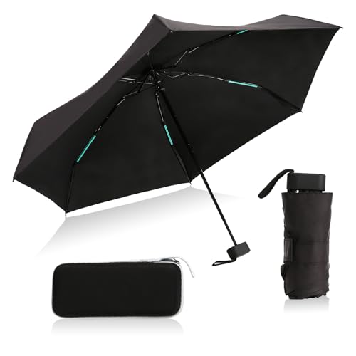 FeinKulturia Mini Reise Regenschirm 24 Rippen Taschenschirm Leicht Klein 190T Doppelte Knochenverstärkung UPF 50+ Ergonomischer Kompakter Klappschirm Geeignet für Pendler Jungen und Mädchen Schwarz