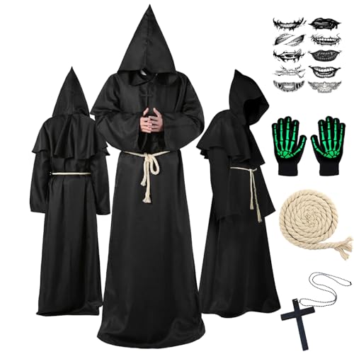 Funnity Mönch Kostüm, Faschingskostüme Männer, Priester Kostüm, Mittelalter Kleidung Herren eignen sich perfekt als Karneval Kostüm, Maskeradenkostüme(Schwarz, XX-Large)