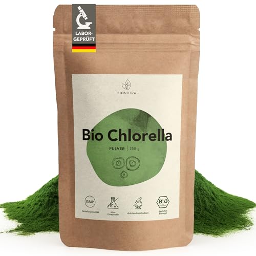 BIONUTRA® Bio Chlorella Pulver – 250 g, nach EU-ÖKO-Standard hergestellt, rückstandskontrolliert, ohne Zusätze, vegan, laktose- & glutenfrei, aus reinem Chlorella Bio Algenpulver