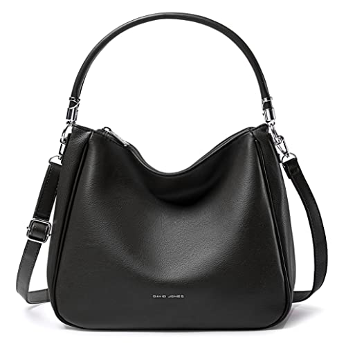 David Jones - Damen Schultertasche Hobo - Mittelgroße Umhängetasche Weich PU Leder Frau - Shopper Handtasche Lange Henkel - Klassische Tasche Alltag Beuteltasche - Einfache Henkeltasche - Schwarz