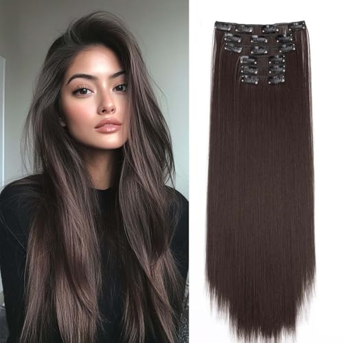 Gairyan 58cm Clip in Extensions Glatt Lang Braun 6PCS Haarverlängerungen mit Clips Synthetik Haar Extensions Clip in Haarteil Haarextension Gerade für Frauen, Mittel braun