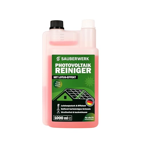 SauberWerk® - Profi Photovoltaik & Solarpanel Reiniger 1L Konzentrat [MIT LOTUS-EFFEKT] - PV & Solar Modul & Anlage Reinigungsmittel gegen alle Verschmutzungen (hochwirksam) für 200m² Panel-Fläche