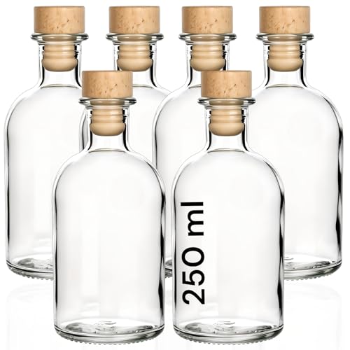 gouveo 6er Set Glasflaschen 250 ml Apotheker mit Korken (HGK) - Runde Flasche zum Befüllen - Leere Apothekerflasche für Likör, Öl, Essig (AFRT250HGK)
