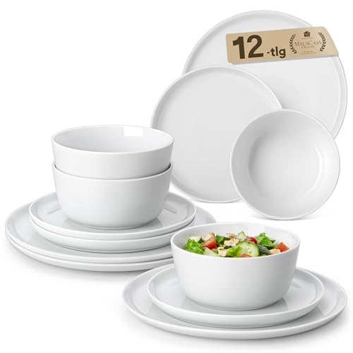 MALACASA Geschirrset 12-teilig, Porzellan Schüssel und Teller Set, Tafelservice 4 Personen, Weiße Speiseteller & Schalen, Rundes Essgeschirr Set, Spülmaschinen- & Mikrowellengeeignet, Serie LEXI