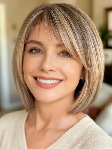 Webshaiy Perücke Damen Kurz Bob mit Pony Voluminöser Look für Reife Frauen Graabdeckung & Mama, Ombre Blonde Highlight Layered Bob Wig Glatte Synthetische Perücken with Human-Hair-Like Fiber