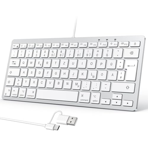 OMOTON Kabelgebundene-Mac-Tastatur, Tastatur Kabel mit Dualem Anschluss (Type C/USB), Flüsterleise Tasten & Stabiler Verbindung, Deutsches Layout (QWERTZ) kompatibel mit MacBook, iMac, Mac mini