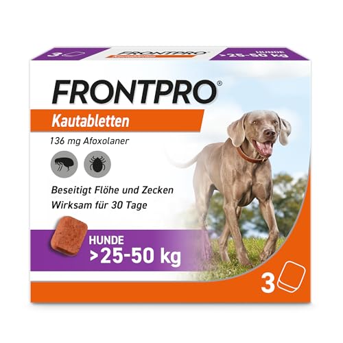 FRONTPRO Hund XL - Kautablette gegen Zecken & Flöhe (große Hunde 25 bis 50 kg) - 3X Kautabletten für 3 Monate Zecken- und Flohschutz