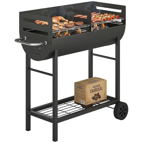 Outsunny Holzkohlegrill Grillwagen mit 2 Grillzonen höhenverstellbarer Grillrost Holzablage Räder Seitengriff, fahrbar Holzkohle Grill für Terrasse Picknick Party 103 x 46,5 x 100 cm Schwarz
