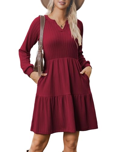 Zeagoo Herbstkleid Damen Langarm Strickkleid V-Ausschnitt A Linie Pulloverkleid Elegant Gerippt Stufenkleid Knielang Winterkleid Mit Taschen Rot XL