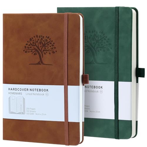 Notizbuch, Notebook, Notizbuch a5, Journal buch, Reisetagebuch, Liniert a5, Notizblock, Notizbücher a5, 100gsm, 200Pages, 2 Stück, Reisetagebuch, Leder, Prägebaum Design,Braun Grün