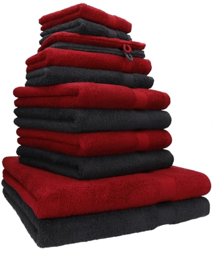Betz Premium Handtuch-Set 12-teilig, Oeko-TEX Standard 100, 100 % Baumwolle, 470 g/m², 2 Duschtücher, 4 Handtücher, 2 Gästetücher, 2 Seiftücher, 2 Waschhandschuhe - Farbe rubinrot/Graphit