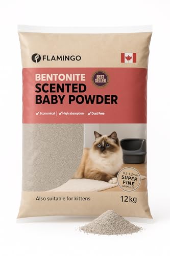 Flamingo Katzenstreu - katzenstreu klumpstreu - Babypuderduft - 12L (12KG) für 10 Wochen - Herkunft Kanada - mit superfeiner Körnung - auch für Kätzchen - Ideal für 1 oder mehrere Katzen