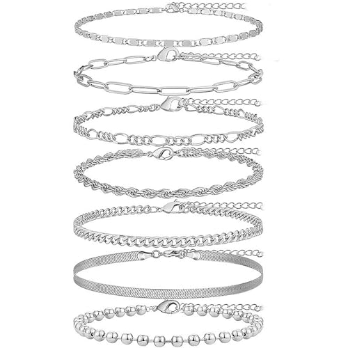 Wnddle 7 Stücke Fußkettchen für Damen, Glänzende Silber Fußkettchen, Boho Verstellbare Sommer Fußkettchen, Einfaches Vintage Damen Fußkettchen, für Frau Mädchen Tochter Freundin Geschenk.