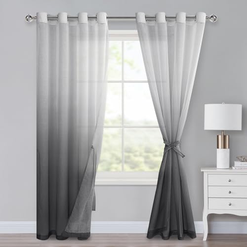 XWZO Voile Gardinen mit Ösen Vorhänge Farbverlauf Vorhang Sheer Ombre Gardinen 2 er Set für Schlafzimmer und Wohnzimmer Schlaufengardinen mit Raffhalter 225 x 140cm (H x B) Grau
