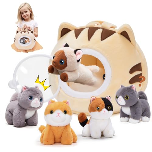 OUOZZZ 5er Set Kuscheltier Katze Plüschtier mit Tasche,Katzenbaby Stofftier