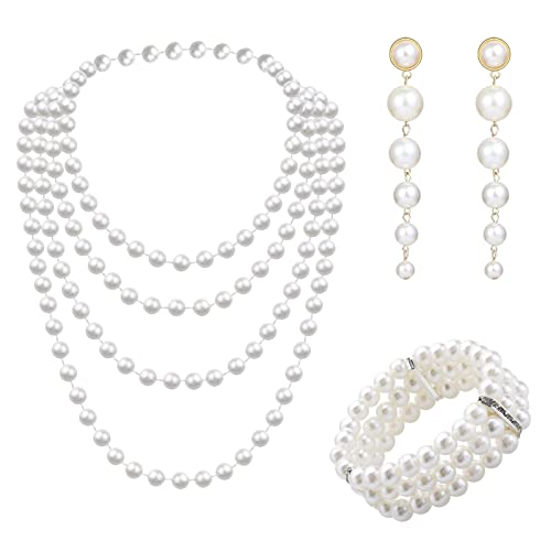 Cosswe Perlen Schmuck Set für Damen, Vintage Imitation Perlen Halsketten Perlenkette Perlen Ketten Modeschmuck Damen Perlenkette für Party Abschlussball Hochzeit Festival