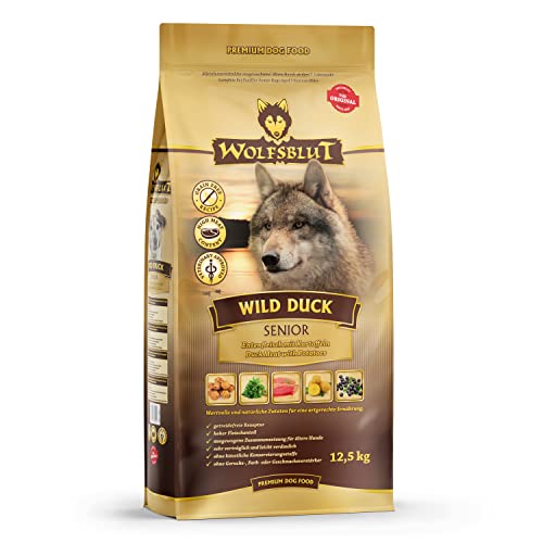 WOLFSBLUT – Wild Duck Senior | Trockenfutter mit natürlichen Zutaten und Superfoods für ältere Hunde. Getreidefreies Alleinfutter ohne Zusatzstoffe im Beutel | 12,5kg Ente