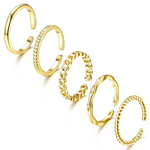 Adramata 5 Stück Ringe Frauen 14 Karat Vergoldete Ringe Set Gold Verstellbare Daumenring Fingerring Einfacher Bandring Stapelbare Offene Silber/Gold Schmuck