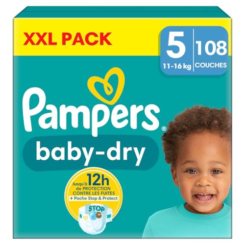 Pampers Baby-Dry, Größe 5, 108 Windeln, 11-16 kg, auslaufsicher mit der Stop- und Protect-Tasche auf der Rückseite der Windel, XXL-Pack