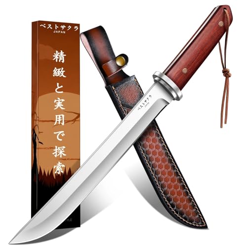 Japaknives Outdoor Tanto Messer Japan Full Tang 5 mm Dick Machete Scharf Echt mit Lederscheide Palisandergriff Japanisch Messer für Survival Bushcraft Camping Geschenk für Männer