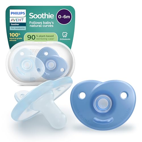 Philips Avent Soothie Schnuller, kiefergerecht geformter Schnuller für Neugeborene, 0–6 Monate, einteiliges Design, flexibler Sauger aus Silikon reduziert Druck, BPA-frei, 2 Pack, blau, SCF099/26