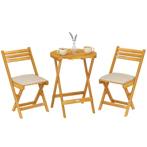 Outsunny Balkonmöbel Set 3 teilig FSC Akazienholz klappbar Gartenmöbel Set mit runder Tisch 2 Stühle Sitzkissen Atmungsaktiv Lamellsitz, Balcony Furniture Sitzgruppe für Garten Balkon Naturholz
