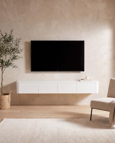Ginhow Lowboard hängend 140 cm TV Schrank Weiß mit LED Fernsehschrank