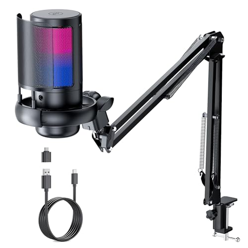 QIUOIO Gaming Mikrofon Mit Arm - RGB Podcast Mikrofon für PC, Streaming, PS4/PS5/MAC - USB Microphone