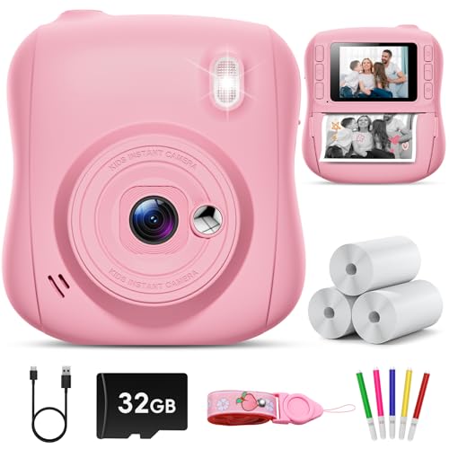 Hangrui Kinderkamera Sofortbildkamera, 14MP Sofortbildkamera Kinder mit 32G Karte & Druckpapier, 1080P Kamera Kinder Sofortdruck mit Farbige Stifte, Geschenk für 3-12 Jungen und Mädchen-Rosa