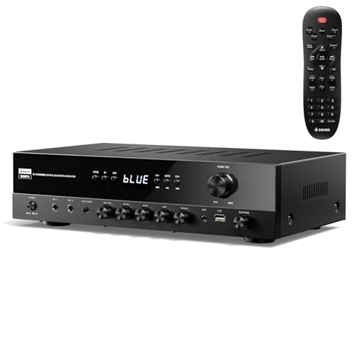 Donner Audio-Leistungsverstärker, 5.1-Kanal-Audioverstärker mit Bluetooth 5.3, optischem/koaxialem Eingang, USB, FM, 2 Mikrofoneingängen, Echo, Cinch-Eingang für Heimkino, Karaoke, MAMP4