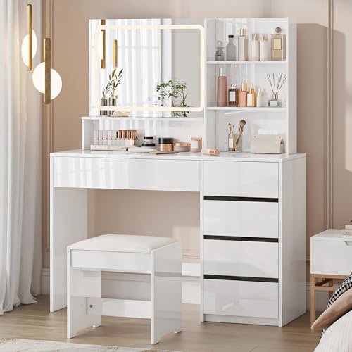 LUXOAK Hochglanz Schminktisch mit LED Spiegel und Hocker – Schminktisch Set mit 5 Schubladen & 4 offenen Fächern, weißer Kosmetiktisch mit Sitzgelegenheit für Schlafzimmer & Ankleidezimmer