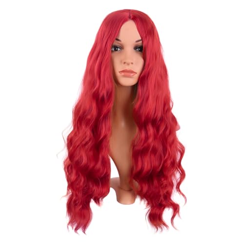 MapofBeauty 28 Zoll/70 cm Länge Wavy Synthetische Faser Lockige Haarfasern Ersatz Perücke für Partys Cosplay Täglich Perücke (Hell Rot)
