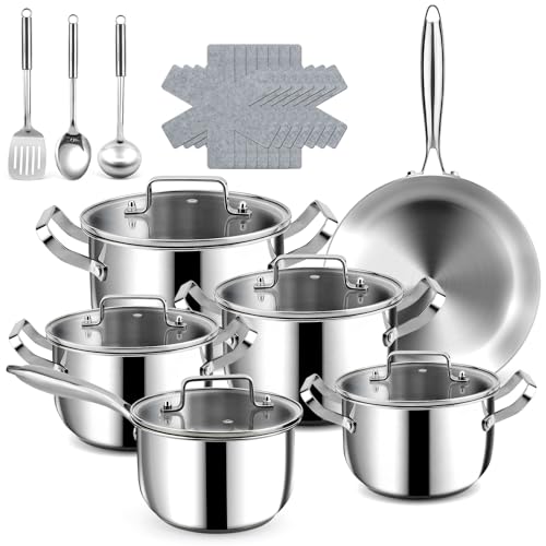 Fruikit Edelstahl Topfset -3 lagig 30 cm Bratpfannen & 18/20/22/26 cm Deckeltöpfe mit Dampfgarer, 21-teilig Topfset, Stielkasserolle mit Deckel (18 cm) - Induktionstauglich, Backofenfest