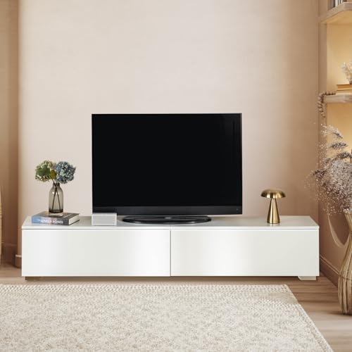 ZZINOKE TV Schrank Lowboard 180cm, 2 Ablagefächern, für bis 80 Zoll Fernseher, Weiß Sideboard Möbel für Wohnzimmer/Schlafzimmer, Moderner Stil, Weiß 180x33x30cm