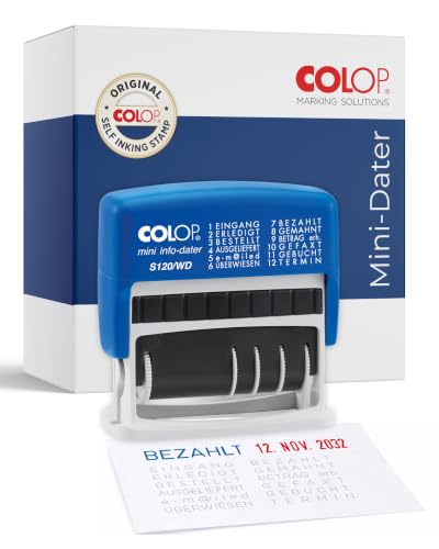 COLOP Wortband-Datumstempel mit 12 gängigen Bürotexten, S120/WD, Abdruckhöhe 4 mm, integriertes Stempelkissen blau/rot