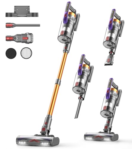 Staubsauger Kabellos 50KPA/600W/75Mins, 1.8L Akku Staubsauger mit LED-Display&Anti-Tangle-Bürste, Selbststehend, Ultraleise Cordless Vacuum Cleaner, für Tierhaare/Teppiche/Hartböden/Auto